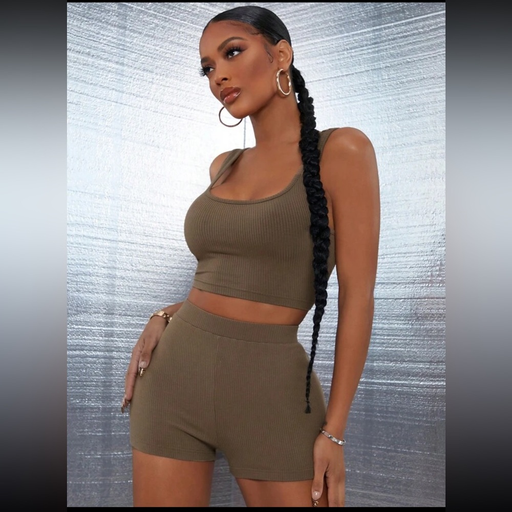 SHEIN SXY Rib-knit Solid Tank Top & Biker Shorts Set